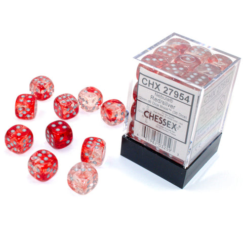 Chessex - Nebula 16mm D6 Luminary Dice - Red/silver (12 dice set)