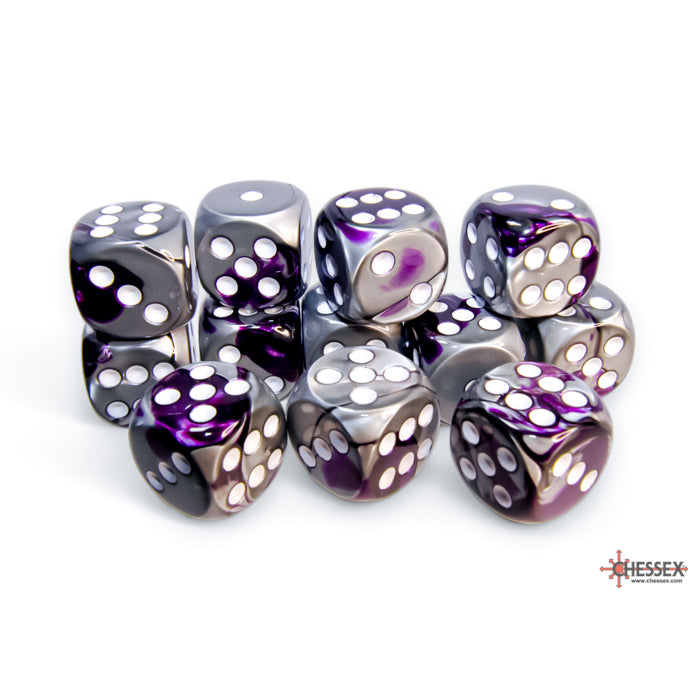 Chessex: 16mm D6 Dice Block - Gemini Purple-Steel/White | Available Now