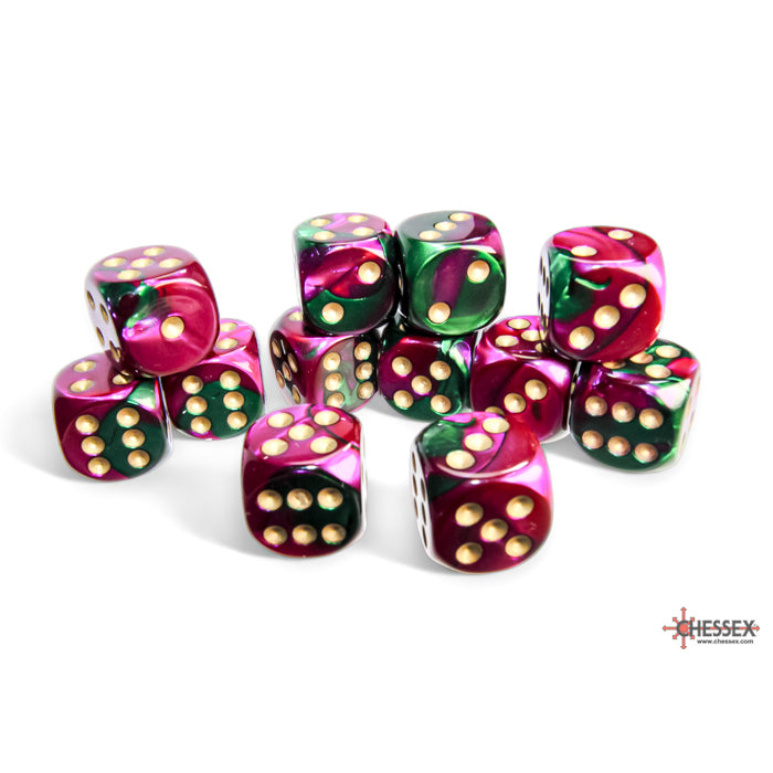 Chessex: 16mm D6 Dice Block - Gemini Green-Purple/Gold | Available Now