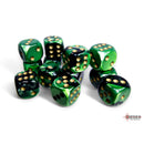 Chessex: 16mm D6 Dice Block - Gemini Black-Green/Gold | Available Now