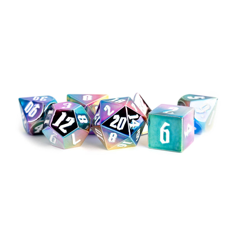 Metallic Dice Games: 16mm Aluminum Plated Acrylic Dice Set - Rainbow Aegis with White Numbers | Available Now