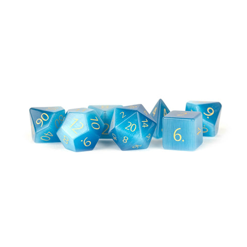 Metallic Dice Games: Handcrafted 16mm Stone - Cat's Eye Aquamarine Dice | Available Now