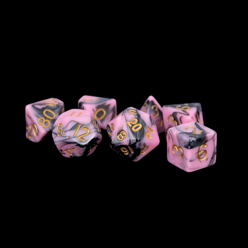 Metallic Dice Games: 16mm Acrylic Poly Dice Set - Pink/Black with Gold Numbers | Available Now