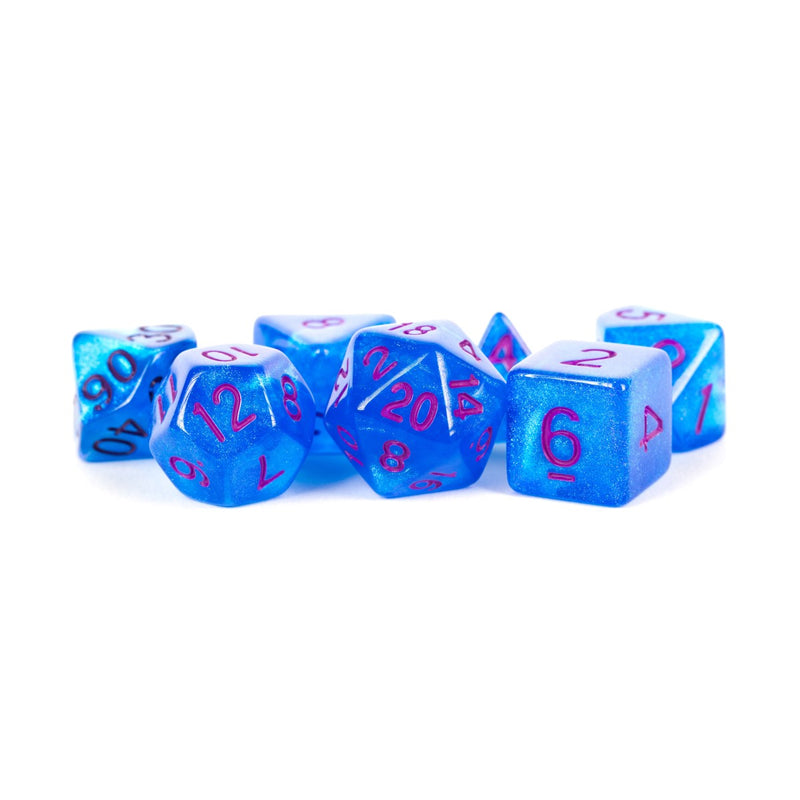 Fanroll: 16mm Acrylic Poly Dice Set - Stardust- Blue with Purple Number | Available Now