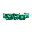 Metallic Dice Games: 16mm Acrylic Poly Dice Set - Stardust- Green with Blue Number | Available Now