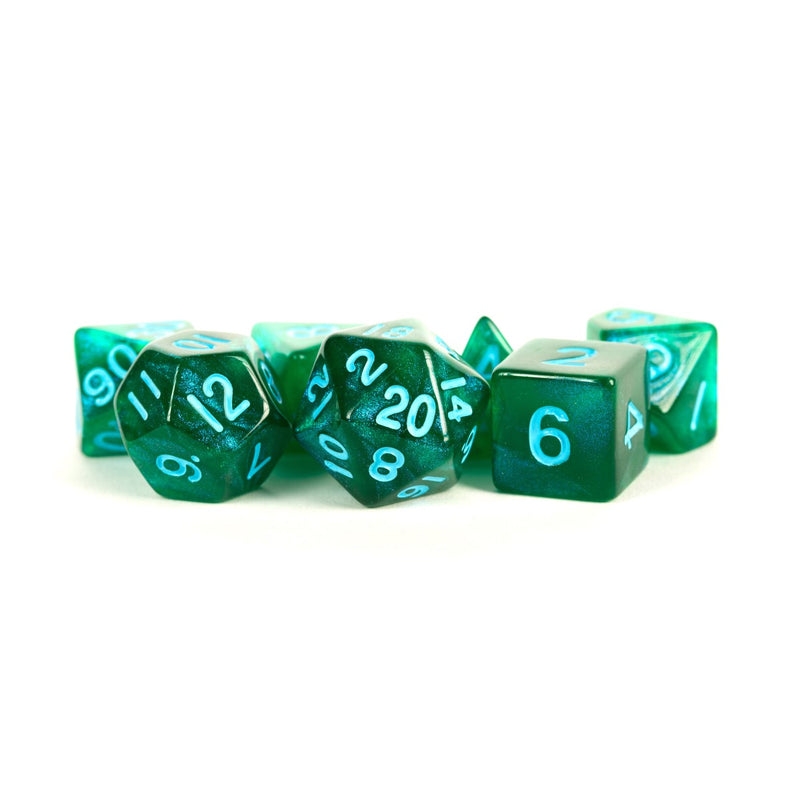 Metallic Dice Games: 16mm Acrylic Poly Dice Set - Stardust- Green with Blue Number | Available Now
