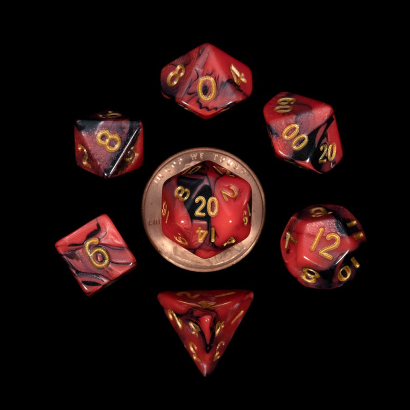 Metallic Dice Games: Mini Polyhedral - Red, Black, with Gold Dice | Available Now