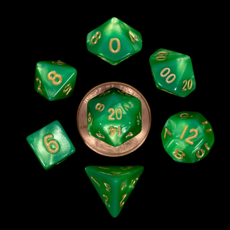 Metallic Dice Games: Mini Polyhedral - Green, Light Green, with Gold Dice | Available Now