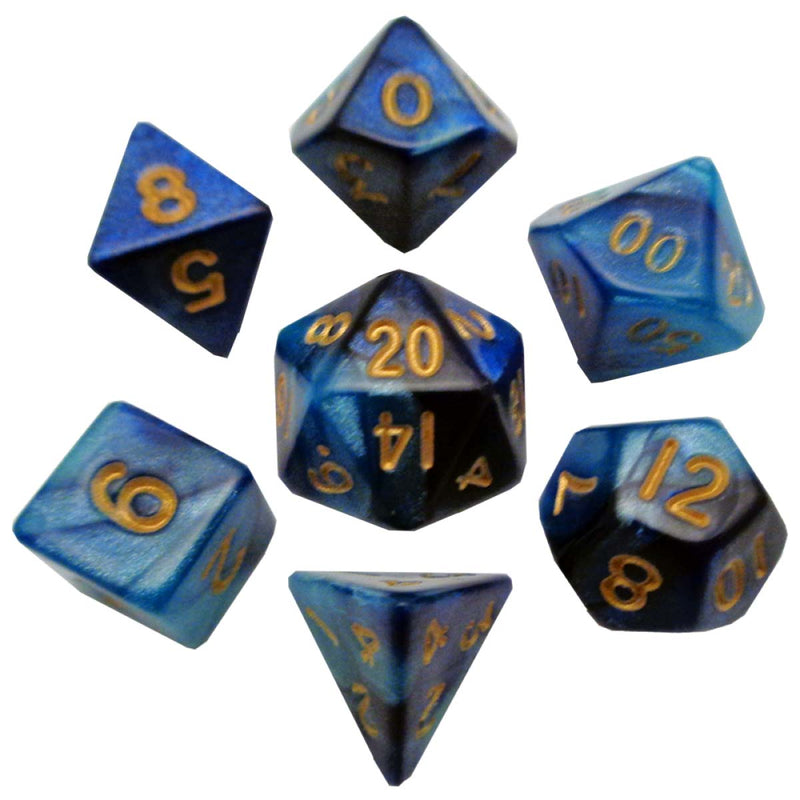 Metallic Dice Games: Mini Polyhedral - Blue, Light Blue, with Gold Dice | Available Now