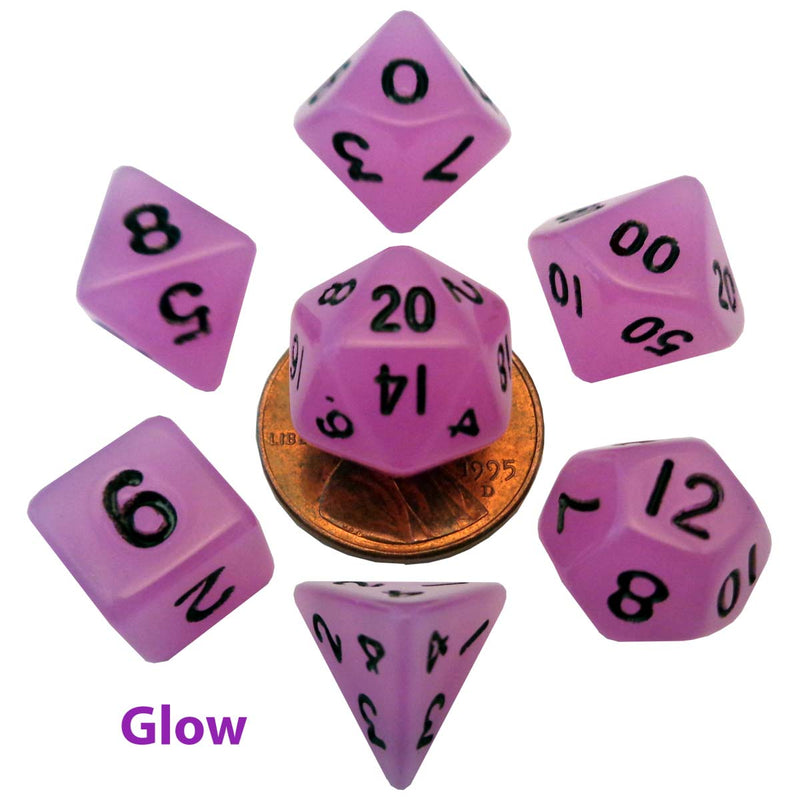 Metallic Dice Games: Mini Polyhedral - Glow Purple Dice | Available Now