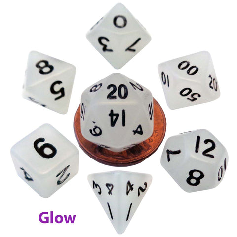Metallic Dice Games: Mini Polyhedral - Glow Clear Dice | Available Now