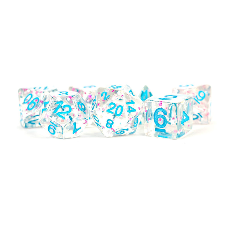 Metallic Dice Games: 16mm Resin Poly Dice Set - Clear Confetti | Available Now