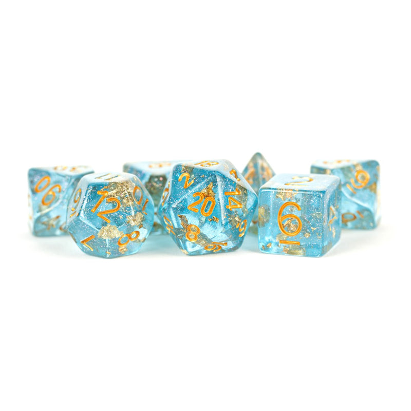 Metallic Dice Games: 16mm Resin Poly Dice Set - Blue with Gold Foil | Available Now