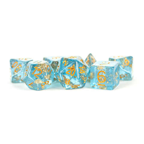 Metallic Dice Games: 16mm Resin Poly Dice Set - Blue with Gold Foil | Available Now