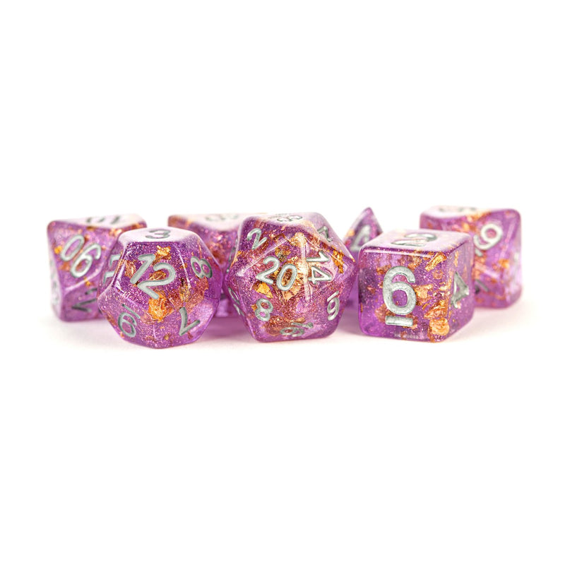 Metallic Dice Games: 16mm Resin Poly Dice Set - Purple with Gold Foil | Available Now