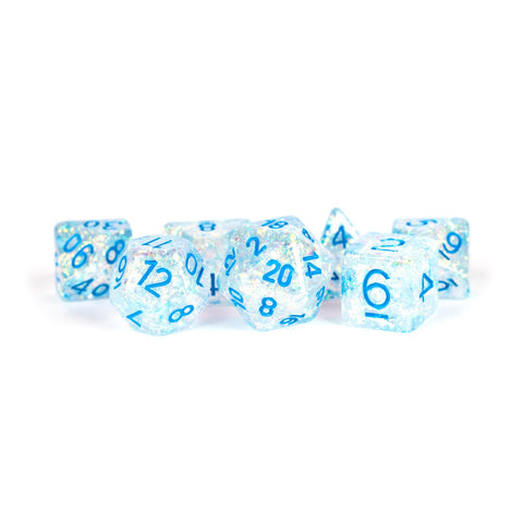 Metallic Dice Games: 16mm Resin Poly Dice Set - Clear with L. Blue Number | Available Now