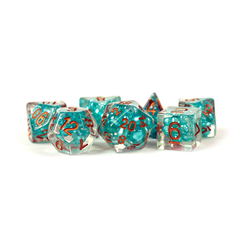 Metallic Dice Games: 16mm Resin Poly Dice Set - Teal with Copper Numbers | Available Now
