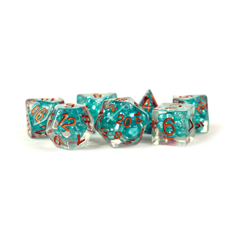 Metallic Dice Games: 16mm Resin Poly Dice Set - Teal with Copper Numbers | Available Now