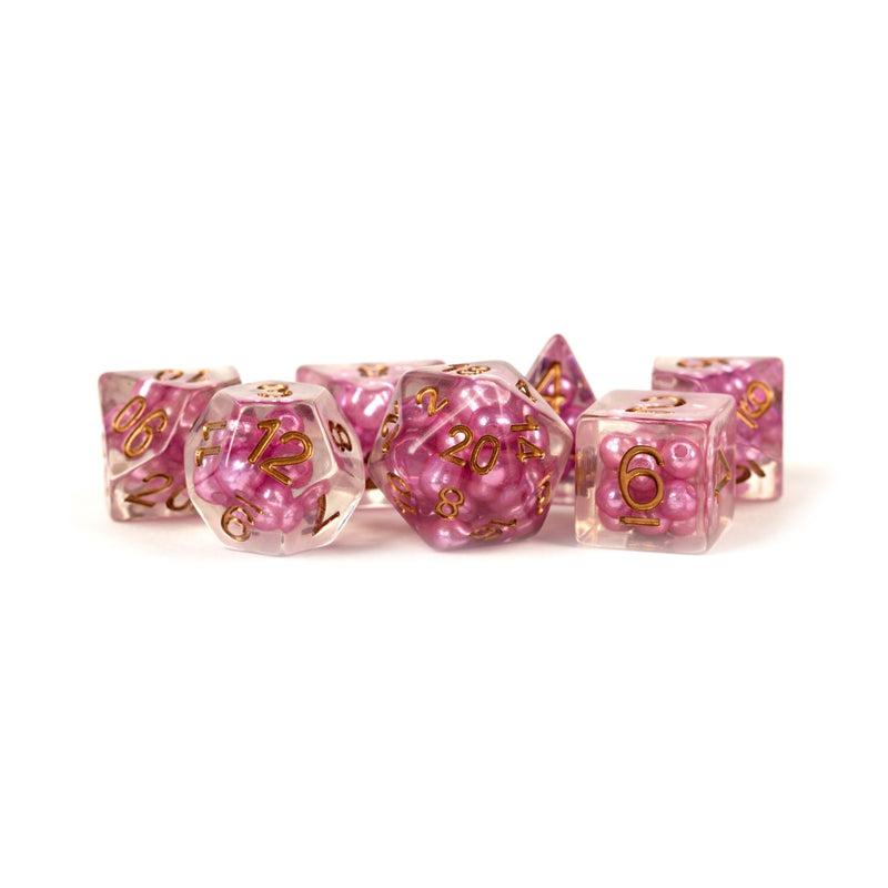 Metallic Dice Games: 16mm Resin Poly Dice Set - Pink with Copper Numbers | Available Now