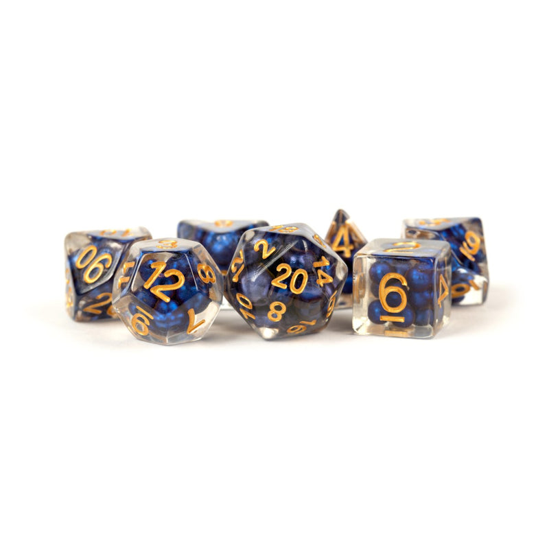 Metallic Dice Games: 16mm Resin Poly Dice Set - Royal Blue with Gold Number | Available Now