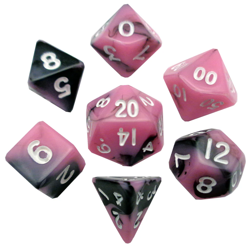 Metallic Dice Games: Mini Polyhedral - Pink & Black with White Dice | Available Now