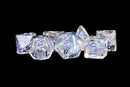Metallic Dice Games: 16mm Resin Poly Dice Set - Pearl with Purple Numbers | Available Now