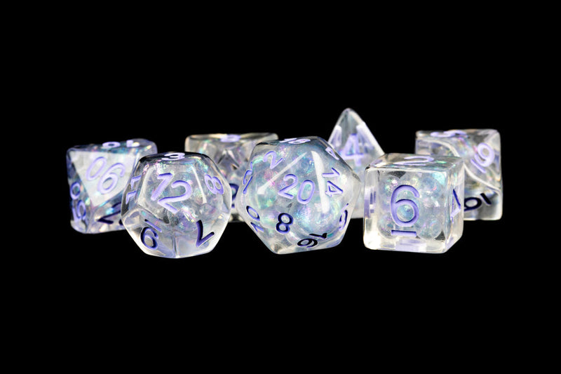 Metallic Dice Games: 16mm Resin Poly Dice Set - Pearl with Purple Numbers | Available Now