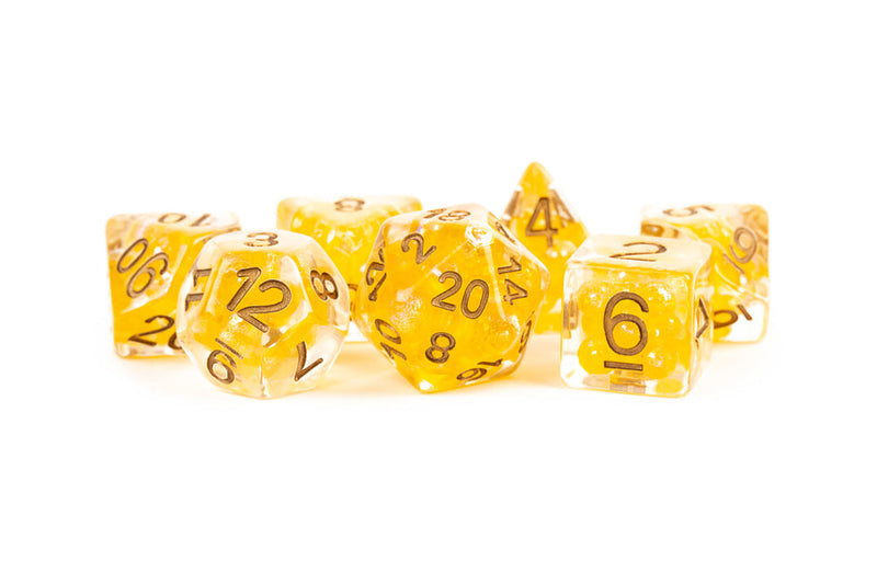 Metallic Dice Games: 16mm Resin Poly Dice Set - Pearl Citrine with Copper Numbers | Available Now