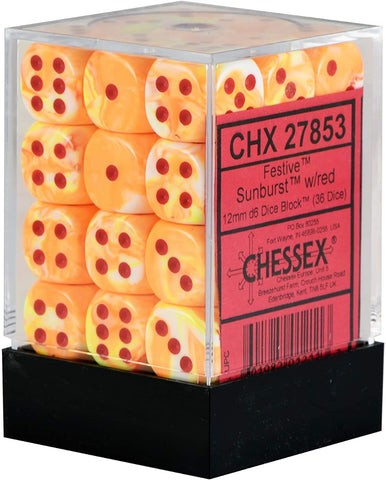 Chessex - Festive 16mm D6 Dice - Sunburst /red (12 dice set)