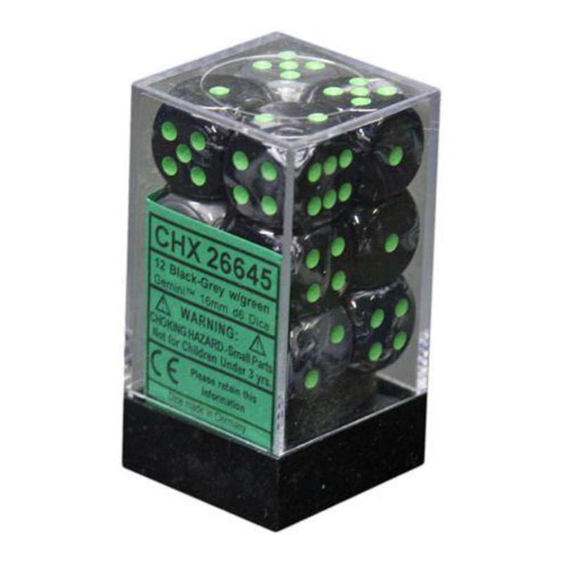 Chessex: 16mm D6 Dice Block - Gemini Black-Grey/Green | Available Now