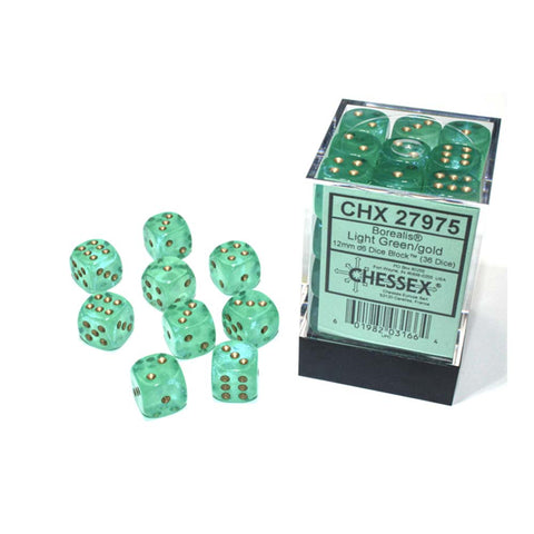 Chessex: 12Mm D6 Dice Block - Borealis Light Green/Gold Luminary | Available Now