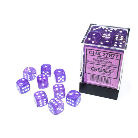 Chessex: 12Mm D6 Dice Block - Borealis Purple/White Luminary | Available Now