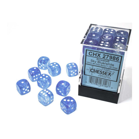 Chessex: 12Mm D6 Dice Block - Borealis Sky Blue/White Luminary | Available Now