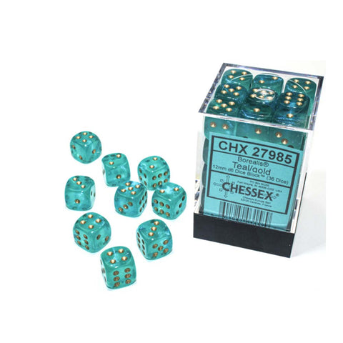 Chessex: 12Mm D6 Dice Block - Borealis Teal/Gold Luminary | Available Now