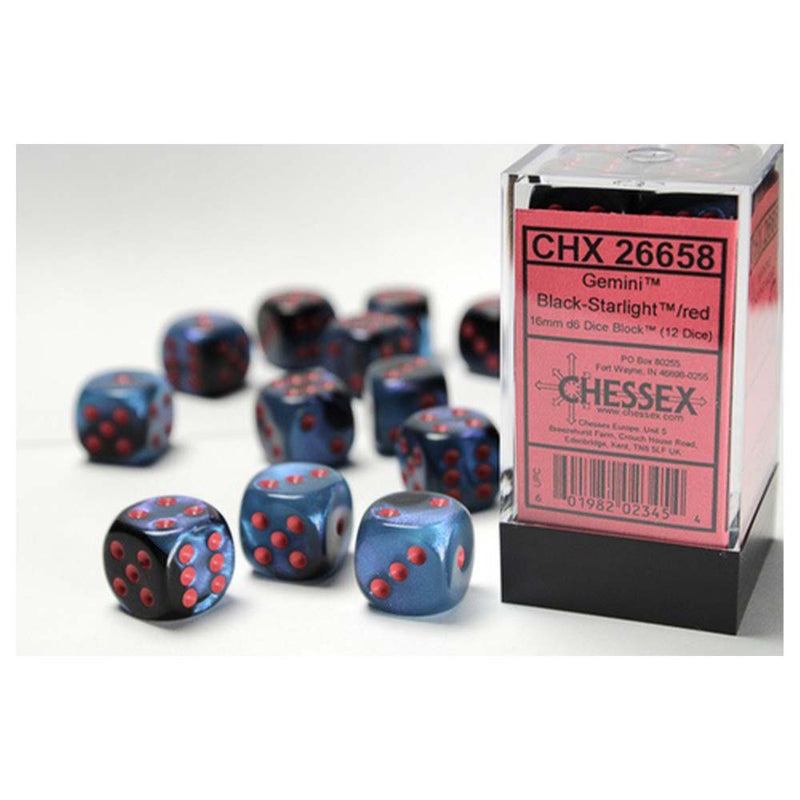 Chessex: 16mm D6 Dice Block - Gemini Black-Starlight/Red | Available Now