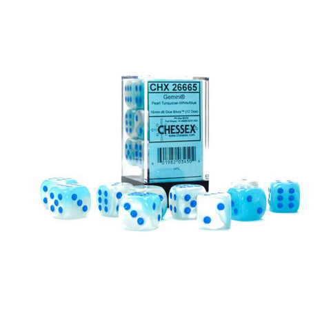 Chessex: 16mm D6 Dice Block - Gemini Pearl Turquoise-White/Blue Luminary | Available Now
