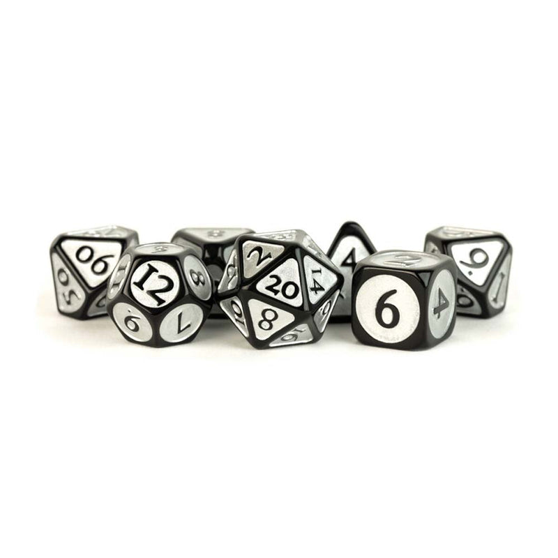 Metallic Dice Games: 16mm Acrylic Poly Dice Set - Black with Silver Enamel | Available Now