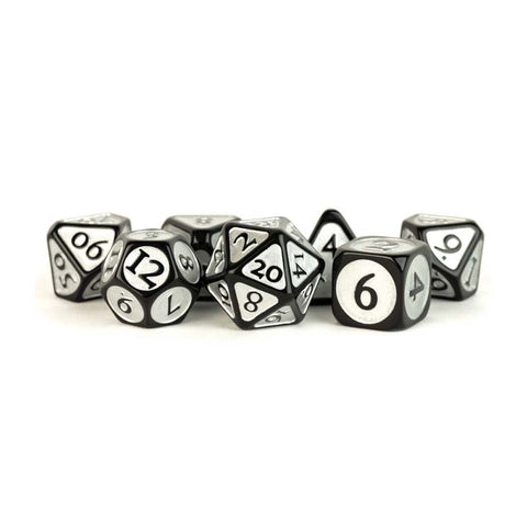 Metallic Dice Games: 16mm Acrylic Poly Dice Set - Black with Silver Enamel | Available Now