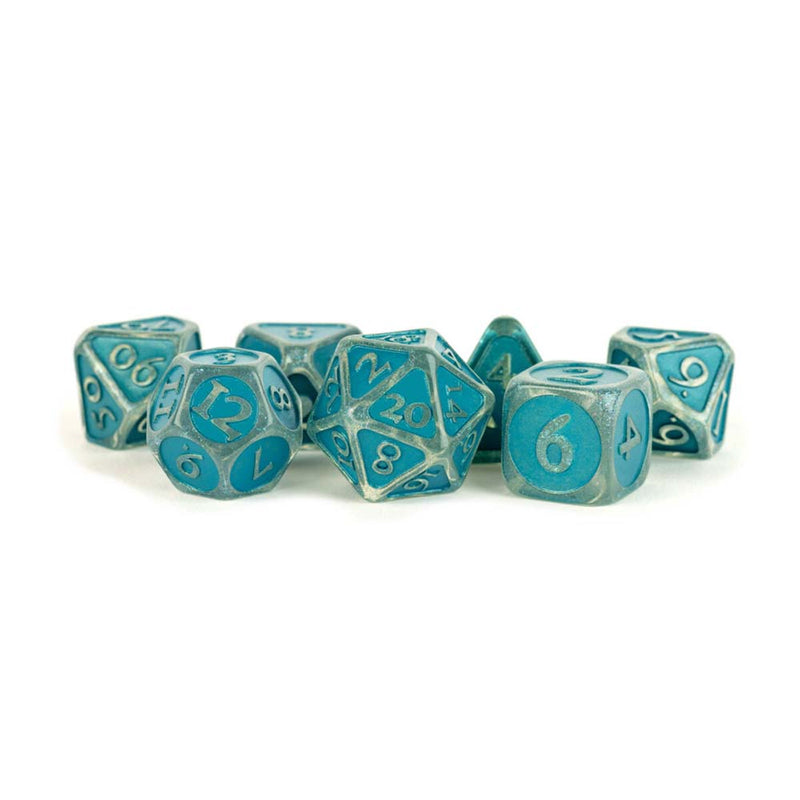 Metallic Dice Games: 16mm Acrylic Poly Dice Set -  Ice with Blue Enamel | Available Now