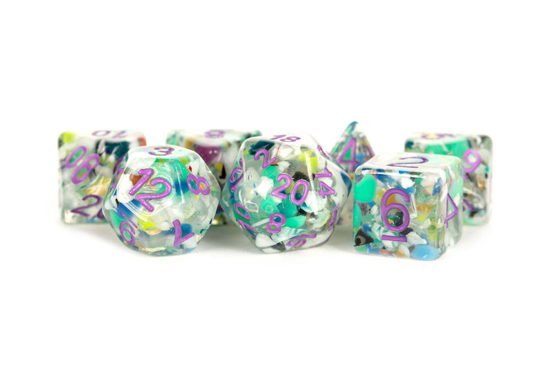 Metallic Dice Games: 16mm Resin Poly Dice Set - Recycled Dice with Purple Numbers| Available Now