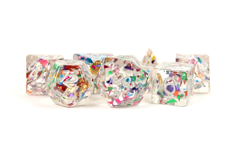 Metallic Dice Games: 16mm Resin Poly Dice Set -  Rainbow Foil | Available Now
