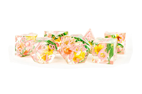 Metallic Dice Games: Handsome Sharp Edge Resin - Chrysanthemum with Pink Numbers Dice | Available Now