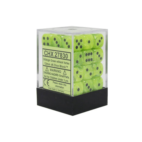 Chessex - Vortex 16mm D6 Dice - Bright Green/black (12 dice set)