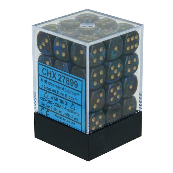 Chessex - Lustrous 12mm D6 Dice - Shadow/gold