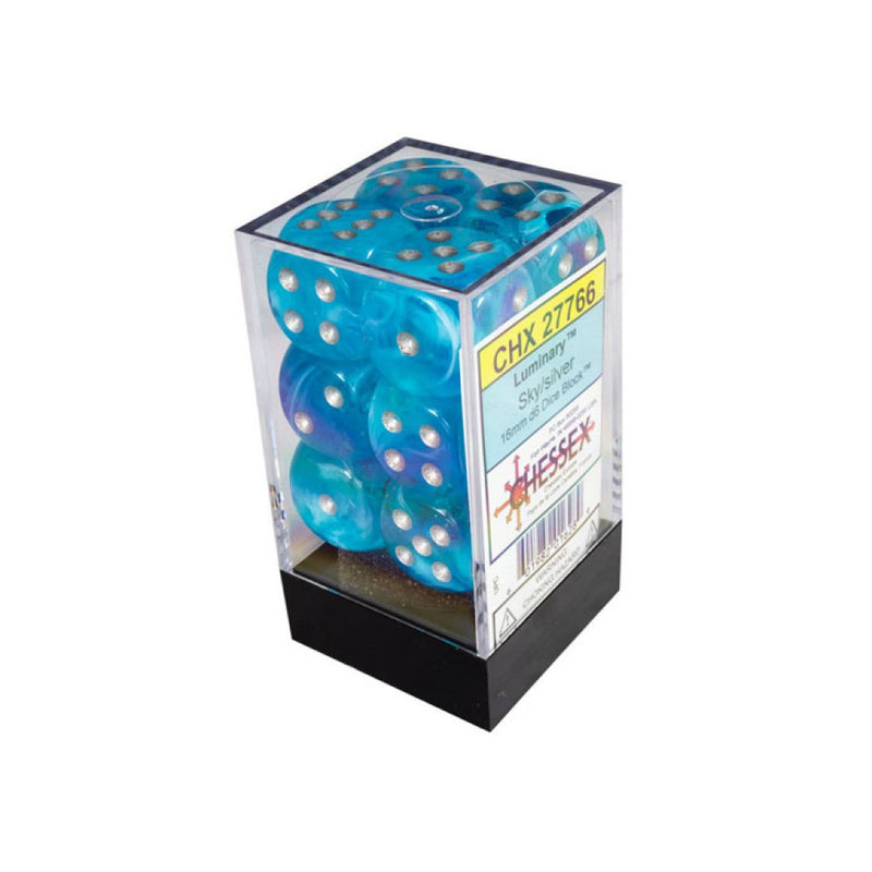 Chessex - Luminary 16mm D6 Dice x 12 - Sky/silver