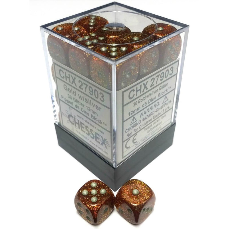 Chessex - Glitter 16mm D6 Dice - Gold/silver (12 dice set)