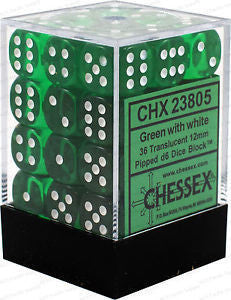 D6 Dice Translucent 12mm Green/White